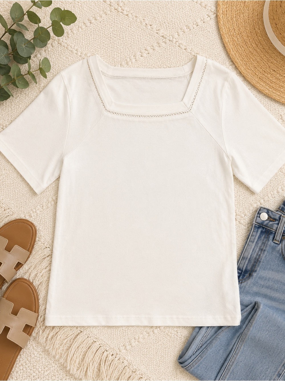 Westport Women's M  100% Cotton Square Neck Short Sleeve Blouse Crochet accents